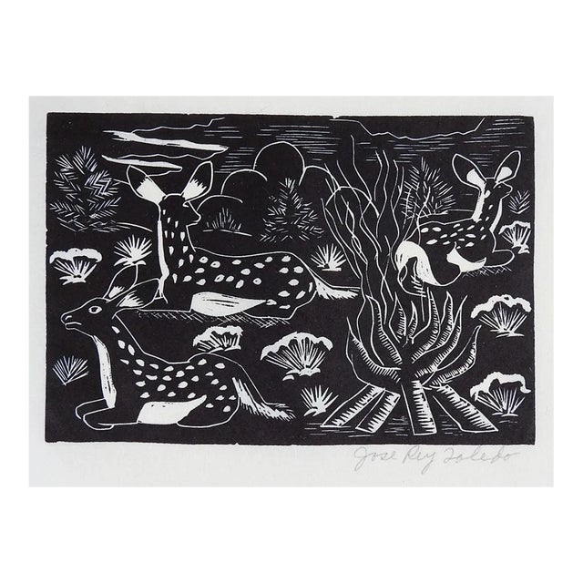 Vintage Mid 20th Century Jose Rey Toledo Three Deer Fawns Woodcut For Sale