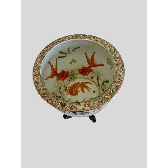 Mid 20th Century Large Hand-Painted Vintage Chinese Famille Rose Fishbowl Planter With Stand For Sale - Image 5 of 11