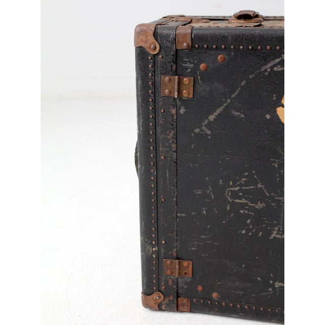 Antique Leather Trunk Suitcase With Original Travel Stickers For Sale - Image 15 of 17