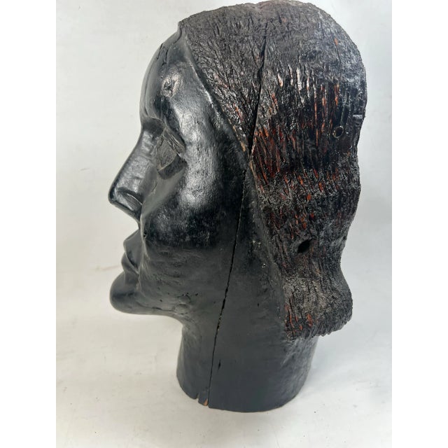 Ebony Vintage Hand-Carved Wood Bust – Folk Art Outsider Primitive Americans Sculpture For Sale - Image 8 of 11