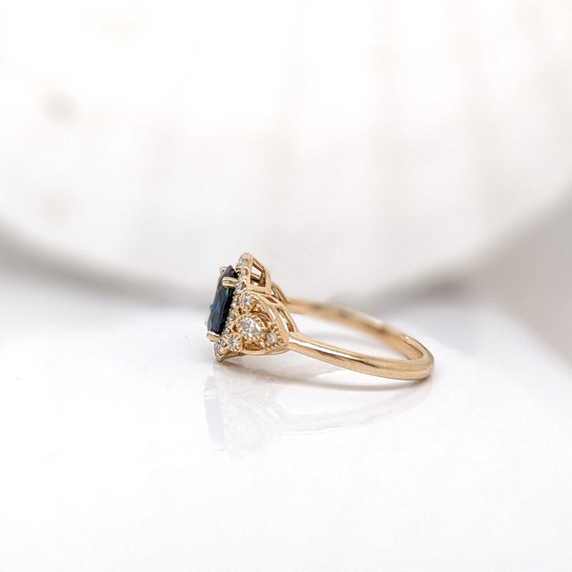 Blue Sapphire Engagement Ring With Natural Diamond Halo: Solid 14k Gold, Size 6.75 For Sale - Image 9 of 10