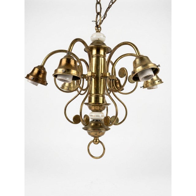 Hollywood Regency Vintage Solid Brass and Porcelain Chandelier Six Arm Light Fixture Hollywood Regency For Sale - Image 3 of 6