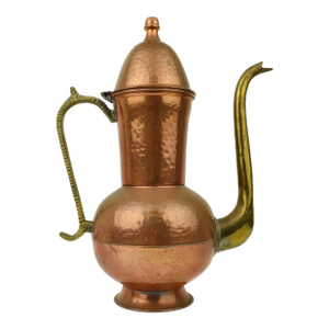 Mid 20th Century Hand Hammered Middle Eastern Copper Ewer Dallah Coffee Pot With Brass Handle and Spout