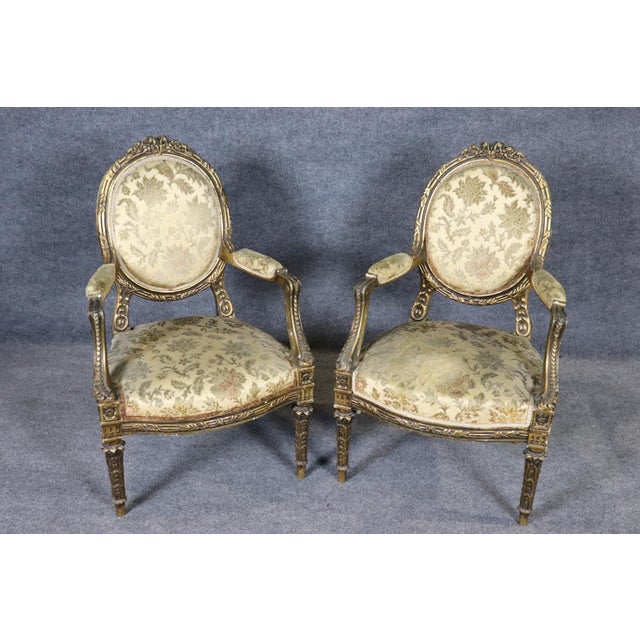 1910s Pair Louis XVI Gilt Frame Upholstered Armchairs For Sale - Image 5 of 12