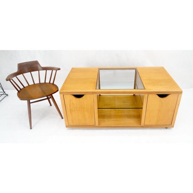 Wood Large Box Shape Glass Top Birch Plywood Deep Drawers Storage Coffee Table MCM For Sale - Image 7 of 12