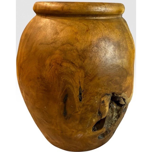 Wood Handcrafted Wabi Sabi Turned Teak Root Wood Urn Vessel With Organic Natural Knots and Voids For Sale - Image 7 of 14