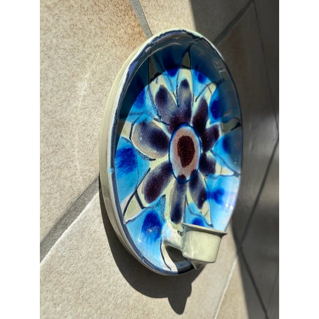 Ceramic Wall Plate Candleholder with Abstract Floral Decoration and Crackle Glaze by Jette Hellerøe, Denmark, 1970s For Sale - Image 10 of 15