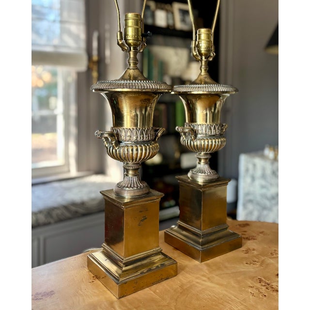 American Late 20th Century Classical Heavy Brass Urn and Pedestal Lamps - a Pair For Sale - Image 3 of 9