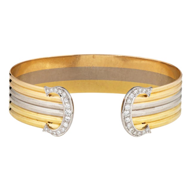 Circa 1980s Cartier Double C Diamond Bracelet 18k Tri Gold Cuff Vintage Fine Jewelry For Sale