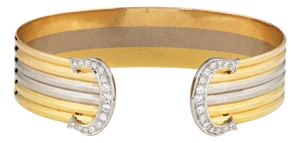 Circa 1980s Cartier Double C Diamond Bracelet 18k Tri Gold Cuff Vintage Fine Jewelry