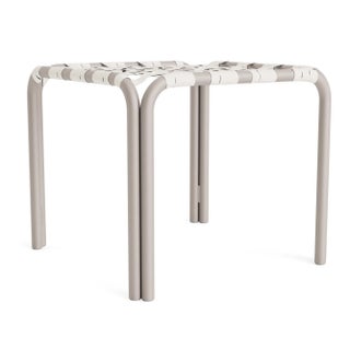 Brown Jordan Kantan Aluminum Stacking Stool/Occasional Table, Vinyl Lace, Dove frame with White Lite fabric For Sale