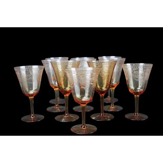 Amber Cambridge , Ohio 39 Antique Amber Etched Glass Stem Glassware.Circa 1920 For Sale - Image 8 of 12