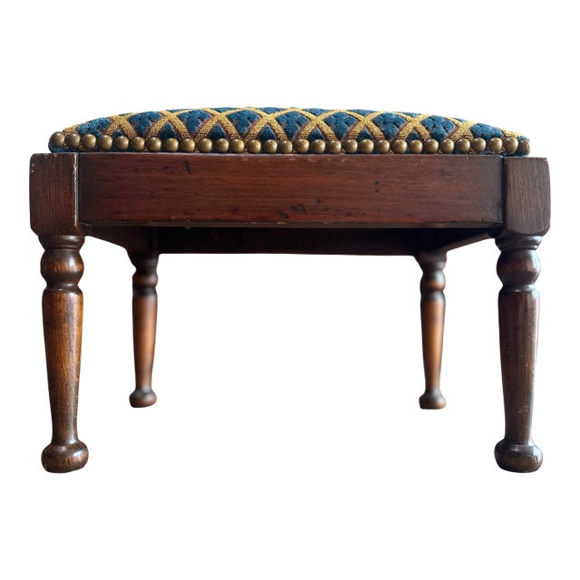 Antique Mahogany Footstool With Custom Blue and Gold Upholstery For Sale