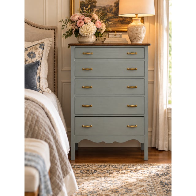 Vintage Solid Wood 5-Drawer Tallboy Dresser in Custom Blue Chateau For Sale - Image 13 of 13