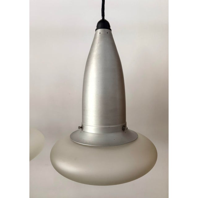 1960s 1960s Space Age Brushed Aluminum & Frosted Glass Pendant Lights a Pair For Sale - Image 5 of 10