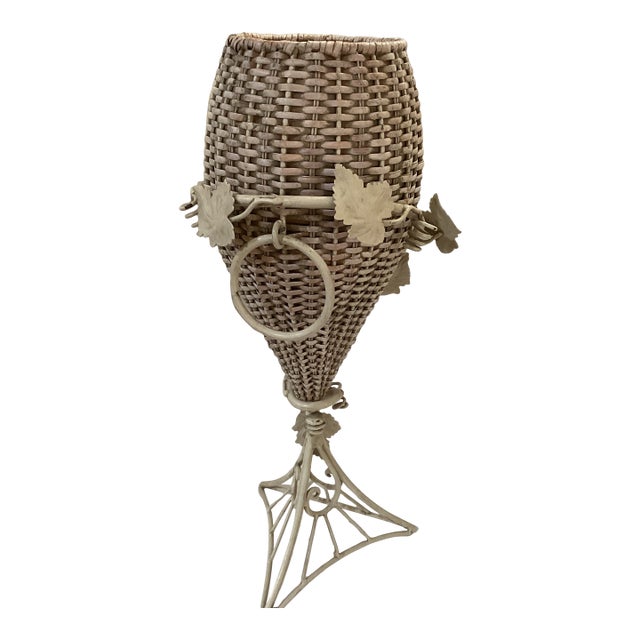 Vintage Victorian Off White Wicker With Iron Ivy Plant Stand For Sale