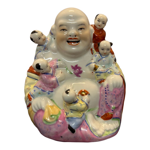Chinese Republic Famille Rose Porcelain Laughing Buddha 5 Children 6.5” Vintage For Sale