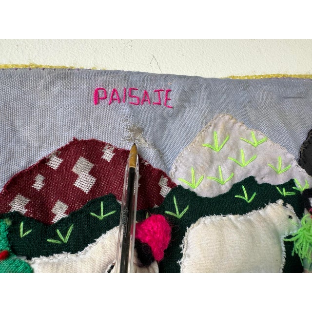Vintage " Orange Harvest - Landscape " Peruvian Folk Art Hand Embroidery Wall Tapestry For Sale - Image 12 of 12