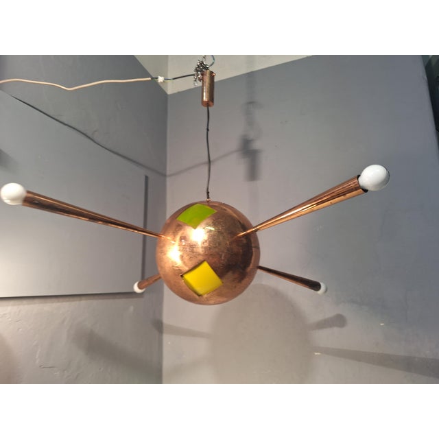 Metal Chandelier in Copper Brass and Colored Glass 4 Copper Cones For Sale - Image 7 of 18