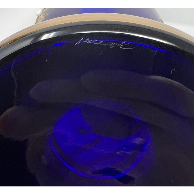 Signed Antique Moser Karlsbad Cobalt & Gilt Enamel Art Glass Garniture Set, 3 Pieces, Circa 1900 For Sale - Image 9 of 11