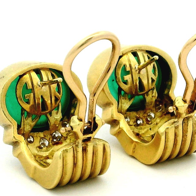 1980s GWK 18k Gold Chrysoprase Intaglio Diamond Earrings, Pair For Sale - Image 11 of 12