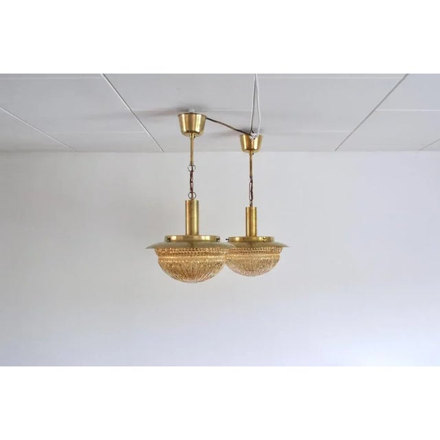 Gold Mid-Century Danish Glass and Brass Chandeliers by Vitrika, Set of 2 For Sale - Image 8 of 17