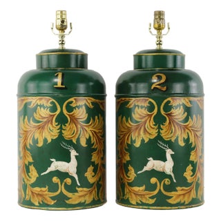 Pair of Vintage Green English Export Hand-Painted Tea Canister Table Lamps For Sale