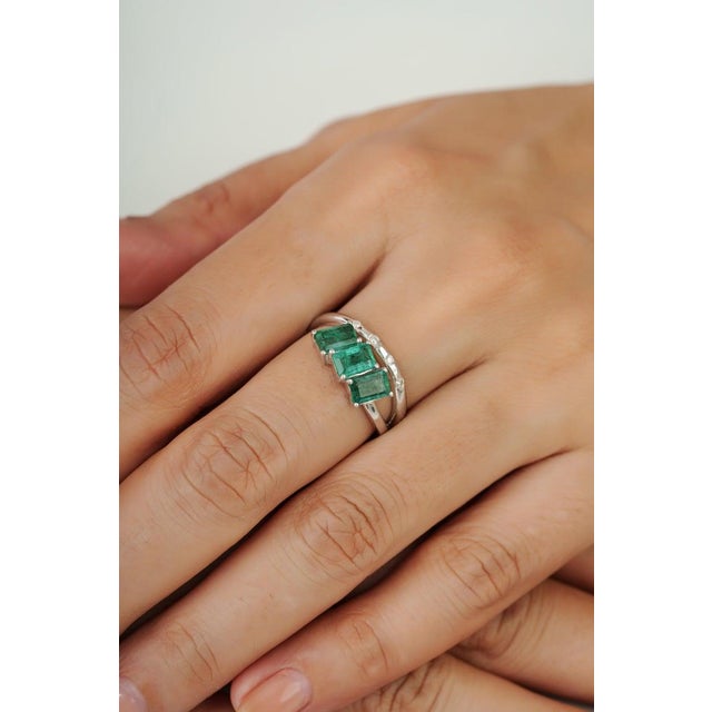 Green 925 Silver Three-Stone Emerald Ring With Diamond Accents, Size 6 For Sale - Image 8 of 12