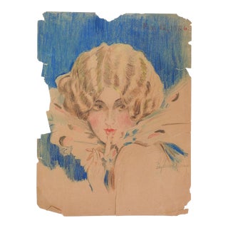 Vintage 1920's Glamourous Flapper Girl Distressed Drawing For Sale
