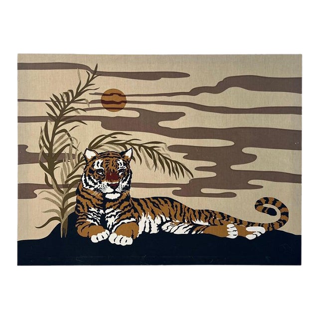 1977 Domus Textiles Hand Printed Tiger Art by Joan Spatrizano For Sale