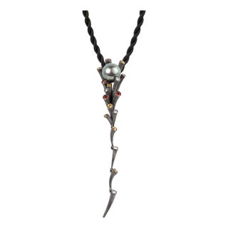 Tahitian Pearl Pendant Cord Necklace With Gem-Set Textured Flutes in Black Rhodium 18ct Gold For Sale