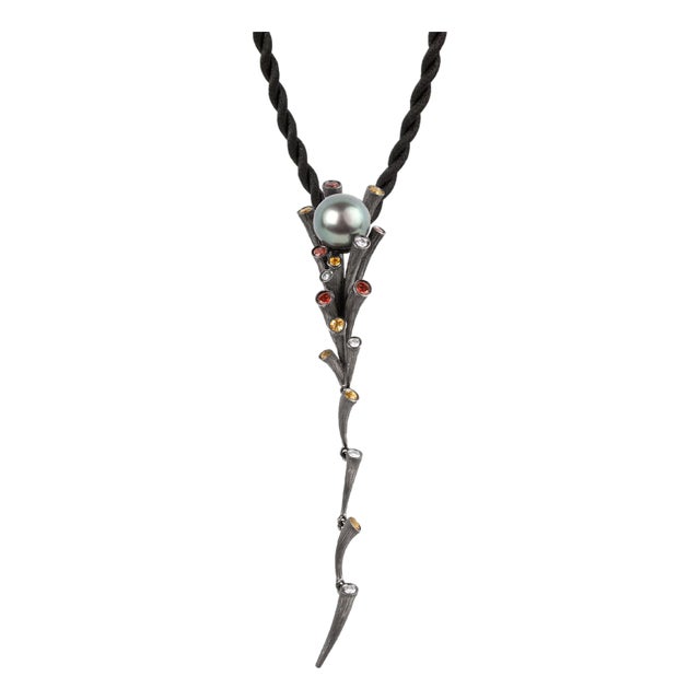 Tahitian Pearl Pendant Cord Necklace With Gem-Set Textured Flutes in Black Rhodium 18ct Gold For Sale
