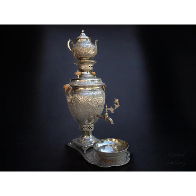 Vintage Islamic Brass Samovar Set with Silver Patina, 1920s For Sale - Image 15 of 18