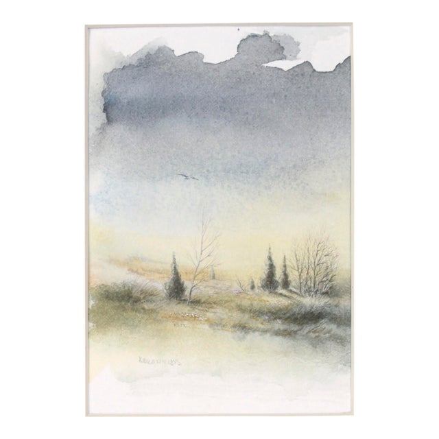 Delicate Vintage Winter Watercolor Landscape For Sale
