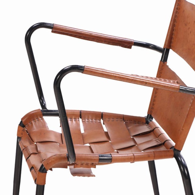 Mid-Century Modern A Pair of French Iron and Leather Armchairs in the Manner of Jacques Adnet, Circa 1950. For Sale - Image 3 of 8