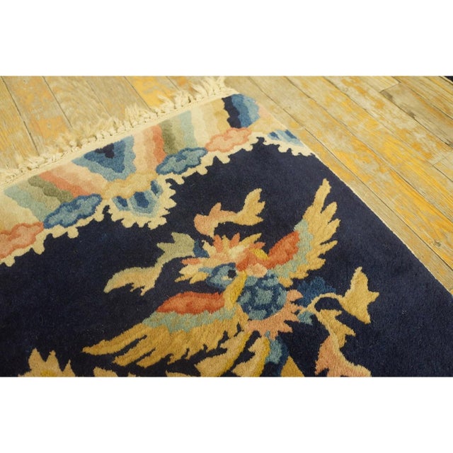 1920s Small Navy Geometric Antique Chinese Peking Carpet Knotted Wool Rug 1'7'' X 2' For Sale - Image 5 of 9