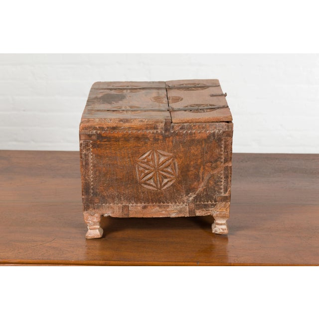 Mid 19th Century Indian 19th Century Small Wooden Box with Iron Hardware and Carved Rosacea For Sale - Image 5 of 13