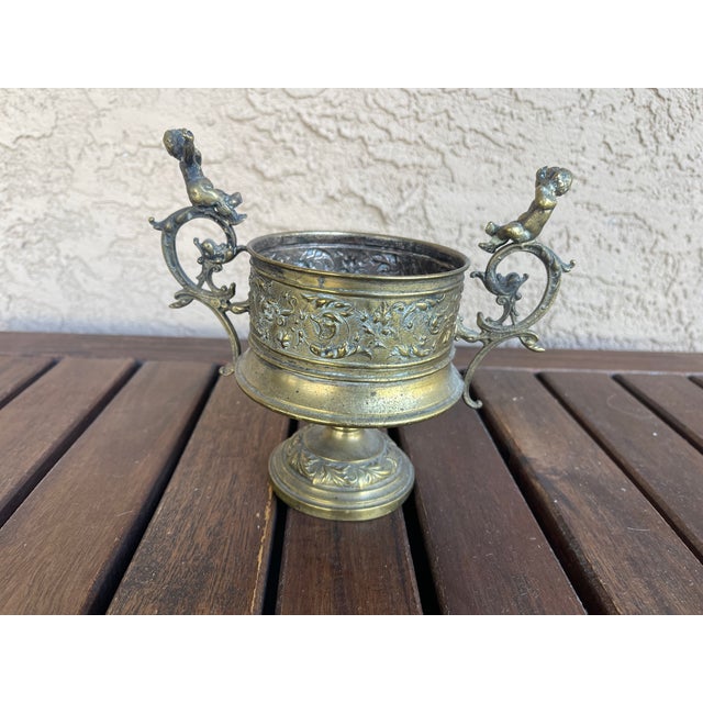 Art Nouveau Vintage Italian Brass Cherubs Candle Holder Urn For Sale - Image 3 of 7