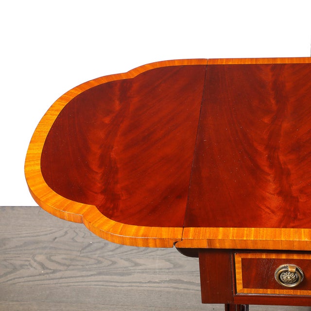 1910s Edwardian Mahogany Writing Desk W/ Inlaid Exotic Wood Detailing & Bronze Pulls For Sale - Image 5 of 18