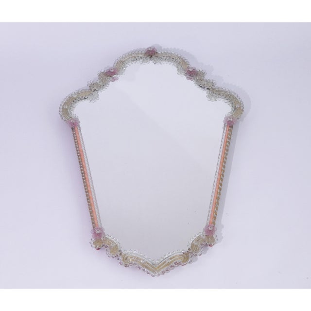 Mid-Century Italian Scalloped Murano Glass Wall Mirror with Pink Flowers, 1970s For Sale - Image 6 of 12