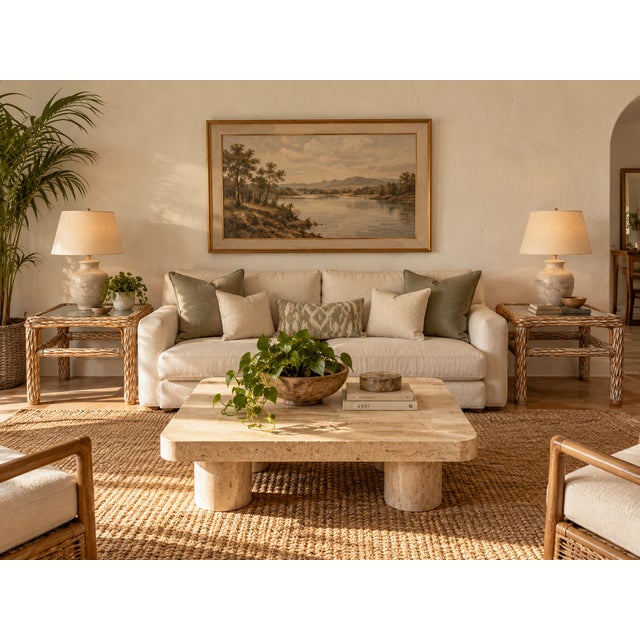 Beautiful pair of vintage coastal end tables featuring thick woven rattan frames with a distressed whitewashed finish,...