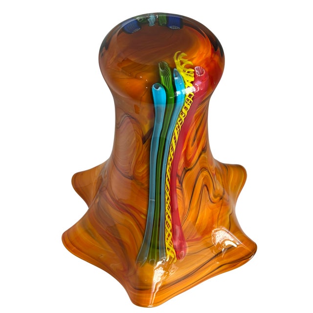 Glass Murano Missoni Style Art Glass Orange Fazoletto Filligrana Vase For Sale - Image 7 of 12
