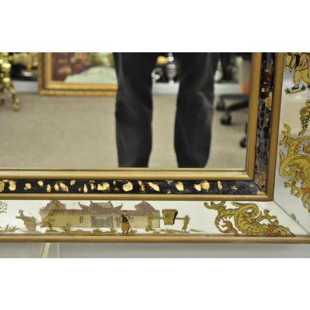 Vintage Chinoiserie Figural Eglomise Reverse Painted Oriental Wall Mirror For Sale - Image 10 of 18