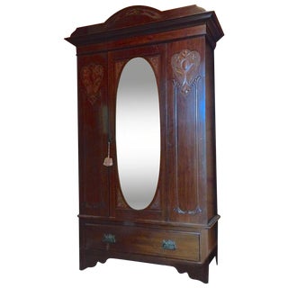 Antique Carved Wood & Beveled Mirror Armoire For Sale