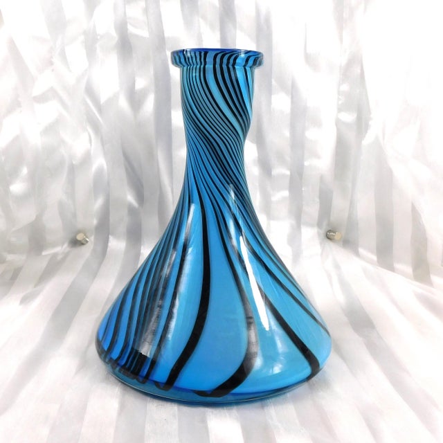 Mid-Century Modern Blue and Black Striped Wide Bottom Decanter or Vase # 27159 For Sale - Image 3 of 7
