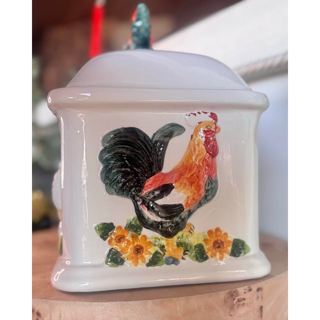 Vintage KMC 3d Hand Painted Rooster Breadbox With Lid For Sale - Image 4 of 11