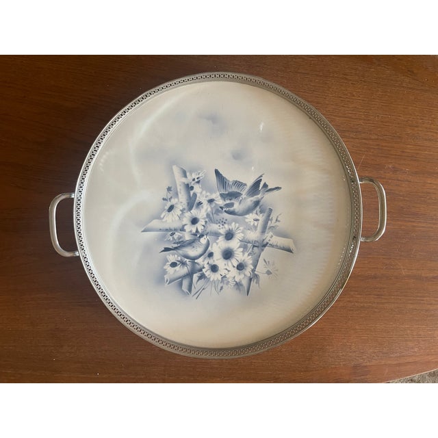 Elegant porcelain cake plate tray, by Theodor Paetsch, in their air brush technique Blue Spreitzdekorin, with lovely water...