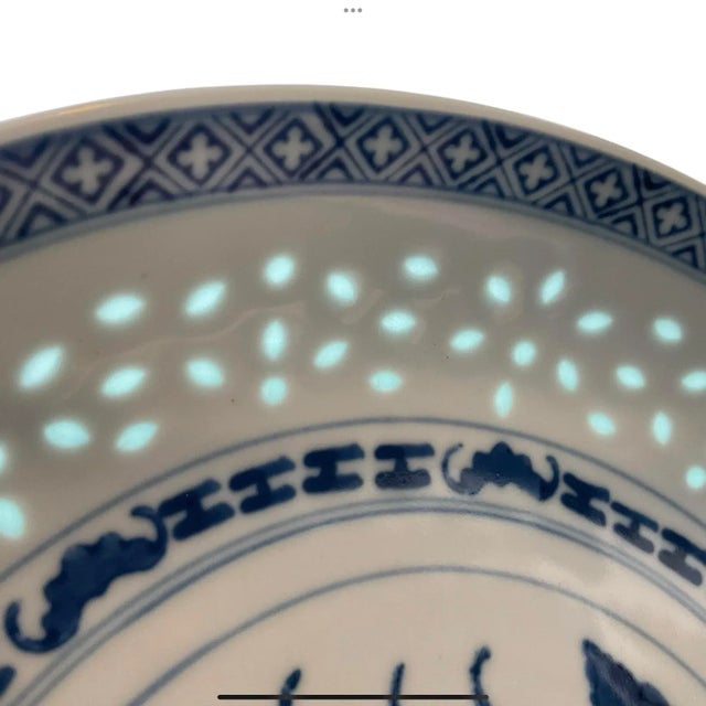 Ceramic Late 20th Century Blue & White Chinese Rice Grain Serving Bowl 9.5” For Sale - Image 7 of 10
