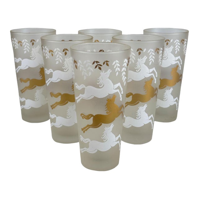 Mid-Century Hollywood Regency Frosted Glass Galloping Horse Tumblers - Set of 6 For Sale