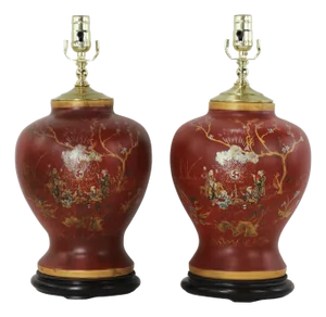 Pair of Vintage Hand Painted Chinoiserie Red Ginger Jar Table Lamps With Figural Narrative